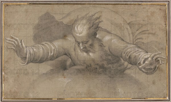 God the Father, 1567/70, Bernardino Campi, Italian, 1522-1591, Italy, Black chalk, heightened with white gouache, squared in black chalk, on gray-brown laid paper, laid down on cream laid paper, 212 x 368 mm