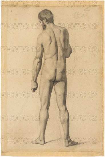 Academic Nude, Seen from the Back, 1862, Paul Cézanne, French, 1839–1906, France, Charcoal and black chalk, with stumping and erasing, and graphite sketches and notations, on tan laid paper, laid down on heavy tan wove paper, 627 × 435 mm