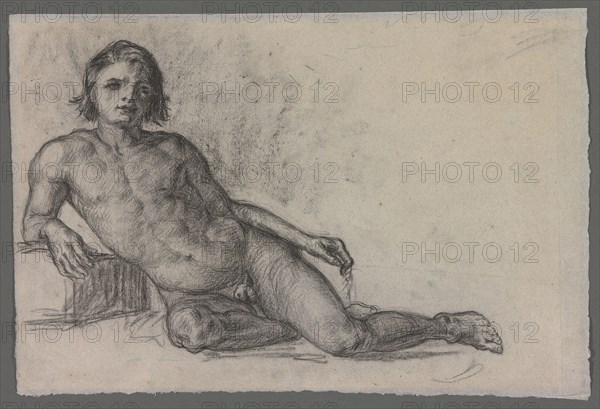 Male Nude, 1863/66, Paul Cèzanne, French, 1839–1906, France, Black chalk, with touches of stumping, on mottled blue-gray laid paper, altered to a light gray tone, 314 × 461 mm