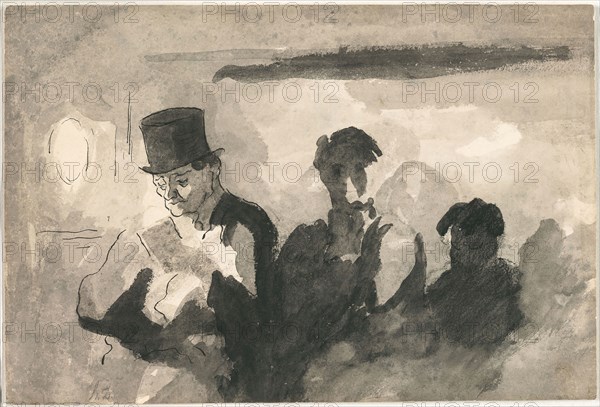 Third Class Carriage, 1864, Honoré Victorin Daumier, French, 1808-1879, France, Brush and black ink and gray wash, black chalk and black chalk wash, with spattered gray gouache, pen and black ink, on cream wove paper, 215 × 321 mm