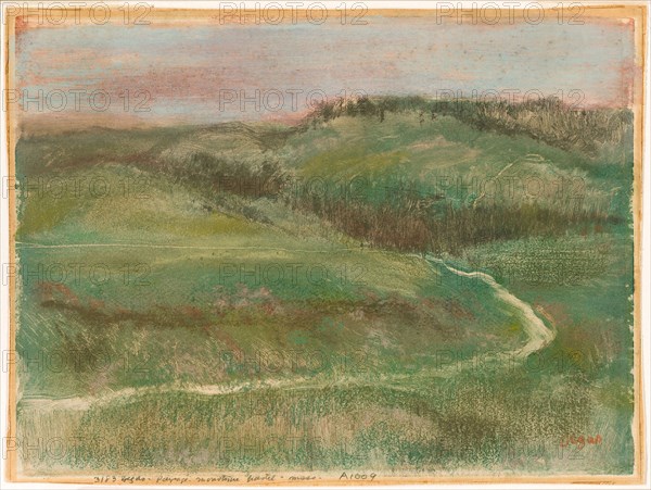 Landscape, 1892, Edgar Degas, French, 1834–1917, France, Pastel, over color monotype, with wiping and incising, on pink wove paper, altered to tan, 255 × 345 mm (image), 261 × 350 mm (sheet)