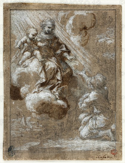 The Madonna and Child in Glory Appearing to a Kneeling Young Man, 1655/59, Ciro Ferri, Italian, 1634–1689, Italy, Black chalk and brush and brown wash, incised with graphite, heightened with white gouache, on ivory laid paper, prepared with brown wash (recto), graphite or black chalk on ivory laid paper (verso), 138 x 103 mm