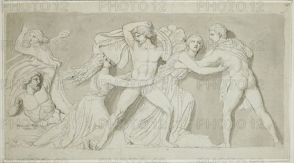 Amphion and Zethus Delivering their Mother Antiope from the Fury of Dirce and Lycus, 1789, John Flaxman, English, 1755-1826, England, Pen and gray ink and brush and gray wash, over graphite, on gray laid paper, laid down on ivory wove paper, 161 × 292 mm (primary support), 233 × 357 mm (secondary support)