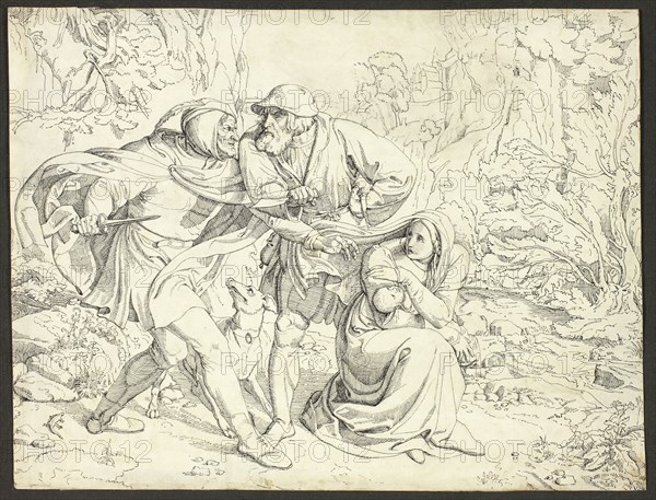 Genoveva’s Murderers Take Pity, c. 1830, Joseph Ritter von Führich, Bohemian, 1800–1876, Bohemia, Pen and black ink, over traces of graphite, on ivory wove paper, partially laid down on ivory wove paper, 234 × 307 mm
