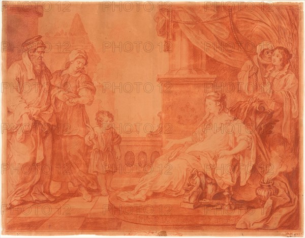 Moses Brought to Pharaoh’s Daughter, 1751, William Hogarth, English, 1697–1764, England, Various red chalks (one oxidized to black) on cream laid paper, 406 × 525 mm