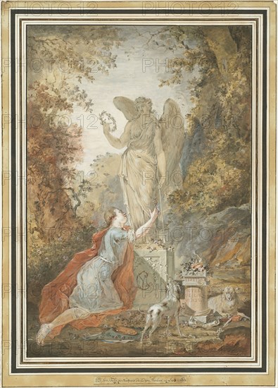 An Artist Adoring a Statue of Virtue, 1783, Claude Hoin, French, 1750-1817, France, Watercolor and gouache, over black chalk, on ivory laid paper, laid down on off-white laid paper, 408 × 277 mm (primary support), 475 × 340 mm (secondary support), Metamorphoses by Ovid (Le Metamorfosi di Ovidio), 1584, Giacomo Franco (Italian, 1550-1620), written by Ovid (Ancient Roman, 43 B.C.-17 A.D.), translated by Giovanni Andrea dell’ Anquillara (Italian, 1517-1565), published by Presso Bernardo Giunti (Italian, 16th century), Italy, Book with etchings and letterpress in black on cream laid paper, 232 x 177 x 44 mm