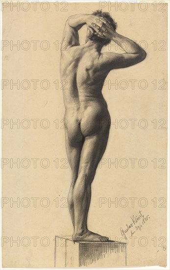 Male Nude, January 29, 1880, Gustav Klimt, Austrian, 1862–1918, Austria, Various graphite pencils, with erasing and stumping, on cream laid paper, 425 × 267 mm