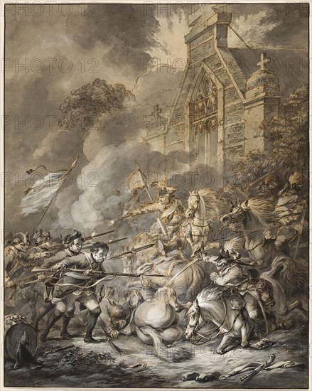 A Skirmish Between the Cavalry Officers and Footsoldiers with Bayonets, 1781, Dirk Langendijk, Dutch, 1748-1805, Netherlands, Pen and brown ink and gray and black washes, heightened with white gouache, on cream laid paper, 485 x 385 mm