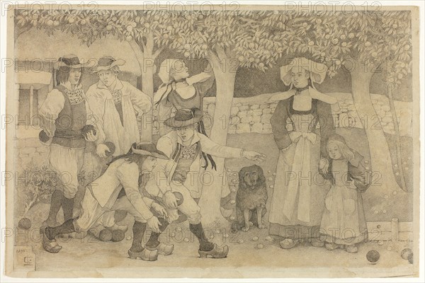 Petanque Players in Brittany, 1890, Charles Laval, French, 1862-1894, France, Graphite on cream wove paper, laid down on off-white wove paper, 272 × 412 mm (primary support), 280 × 430 mm (secondary support)