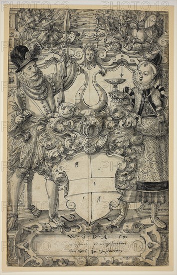 The Arms of Habsberg Flanked by an Elegant Couple, 1587, Daniel Lindtmayer, Swiss, 1552-c. 1606, Switzerland, Pen and black ink and brush and gray and black washes on ivory laid paper, 329 x 207 mm, The Wars of Jehovah, in Heaven, Earth, and Hell: In Nine Books, 1844, John Martin (English, 1789-1854), Alfred Martin (English, active 1835-1844), written by Thomas Hawkins (English, 1810-1888), published by Francis Baisler (English, 19th century), England, Book with eleven mezzotints on cream wove paper, 229 × 164 × 43 mm