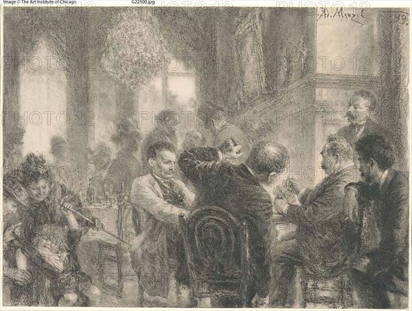 The Card Game, 1899, Adolph Menzel, German, 1815–1905, Germany, Graphite and fabricated black chalk, with stumping, erasing, and scraping, with touches of brush and black ink, on cream wove paper, edge mounted on ivory wove card, 198 × 267 mm (primary support), 261 × 335 mm (secondary support)