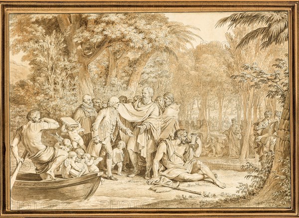 The Arrival of Jean-Jacques Rousseau to the Champs-Élysées, 1780, Jean Michel Moreau, French, 1741–1814, France, Pen and black ink, brush and brown wash and pale orange wash, on cream laid paper, prepared with a white gouache ground, laid down on off-white wove paper, 232 × 330 mm (primary support), 325 × 429 mm (secondary support)