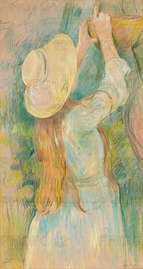 Young Girl Holding a Basket, 1891, Berthe Morisot, French, 1841–1895, France, Pastel on pink laid paper with red fibrous inclusions (pieced at bottom), stretched and edge mounted on a honeycomb paper panel, 459 × 838 mm