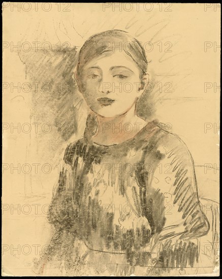 Portrait of Julie Manet, 1890, Berthe Morisot, French, 1841–1895, France, Transfer drawing in charcoal and red chalk, on light tan tracing paper, laid down on white wove paper, wrapped around millboard, 538 × 430 mm