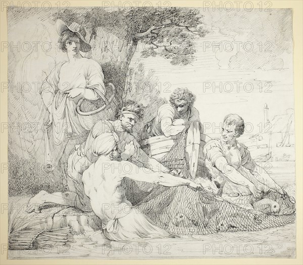 Fishermen, 1774, John Hamilton Mortimer, English, 1740-1779, England, Pen and black ink on off-white laid paper, 368 × 419 mm