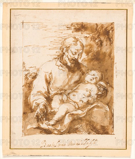 Saint Joseph and the Sleeping Christ Child, 1670/75, Bartolomé Esteban Murillo, Spanish, 1618-1682, Spain, Pen and brown ink, with brush and brown wash, over black chalk, on ivory laid paper, laid down on beige wove card, 164 x 136 mm (primary support), 179 x 153 mm (secondary support)