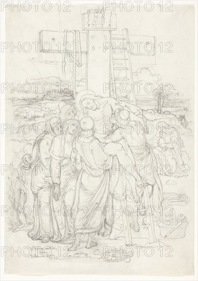 Descent from the Cross with a Silhouette of Jerusalem in the Background, 1852, Franz Johann Heinrich Nadorp, German, 1794-1876, Germany, Graphite, with smudging, on ivory wove paper, 408 × 287 mm