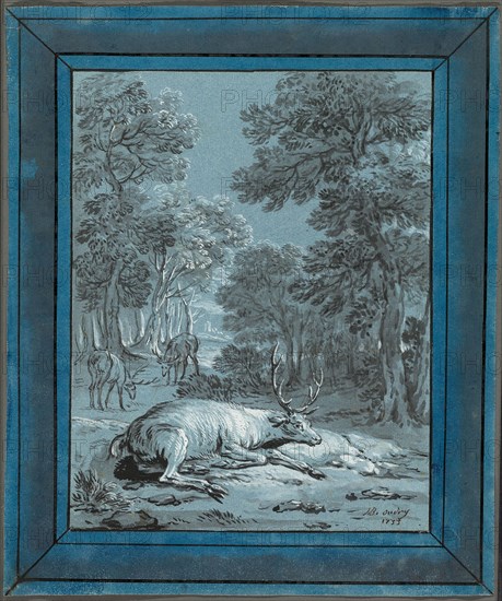 The Sick Stag, 1733, Jean-Baptiste Oudry, French, 1686-1755, France, Brush and black and gray ink and gray wash, heightened with white gouache, on blue laid paper, with border in pen and black ink and brush and blue and gray wash, 311 × 259 mm