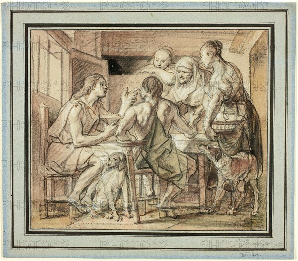 Jacob and Esau, c. 1655, Jacob Jordaens, Flemish, 1593-1678, Flanders, Charcoal, pen and brown ink, and brush and brown washes, heightened with opaque white watercolor, on pieced cream laid paper, laid down on blue laid paper, ruled in pen and brown ink, laid down on tan laid paper, 254 × 297 mm (primary support), 322 × 366 mm (secondary/tertiary supports)