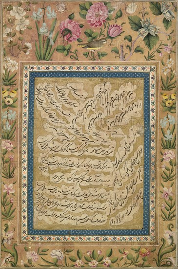 Page of Shikasta Nasta’liq Calligraphy with Floral Margins, Zand dynasty (1750–1794), 1767, Iran, Attributed to Abd al-Majid Taleqani, Iran, Ink, gold, and watercolor on paper, 30.48 x 20.32 cm (12 x 8 in.)