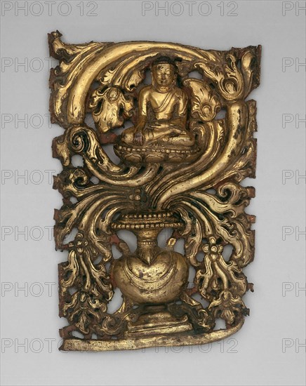 Transcendent Buddha Akshobhya and Vessel Overflowing with Foliage (Purnagata), 15th/16th century, Southern Tibet or Nepal, Tibet, Gilt copper worked in repousse, 19.8 x 13.1 x 2.6 cm (7 13/16 x 5 3/16 x 1 1/16 in.)