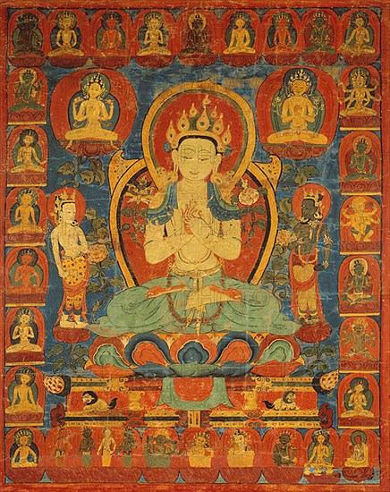 Painted Banner (Thangka) of Bodhisattva Maitreya Surrounded by his Retinue, 16th century, Tibet, Southern Tibet, Tibet, Opaque watercolor and gold on cotton, 50.2 x 39.7 cm (19 3/4 x 15 5/8 in.)