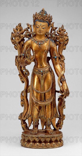 Bodhisattva Maitreya with Fear-Not Gesture (abhayamudra), 15th century, Southern Tibet, Southern Tibet, Gilt bronze with blue pigment and gemstones, 23.8 x 10.7 x 5.6 cm (9 5/16 x 4 1/4 x 2 3/16 in.)