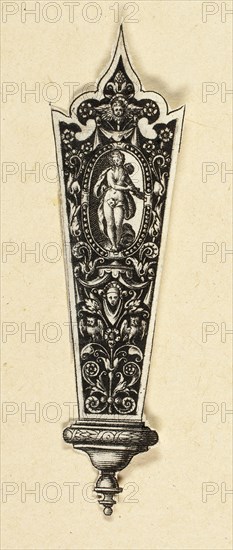 Knife Handle (Lucretia), c. 1588, Theodor de Bry, Flemish, 1538–1598, Flanders, Engraving in black on ivory laid paper, 84 × 23 mm (image/sheet, trimmed within plate mark)