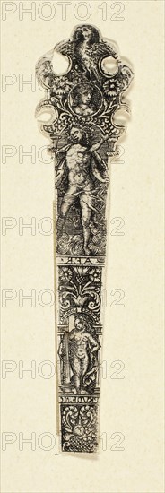 Ornamental Design for Knife Handle with Air, from The Four Elements, c. 1590, After Johann Theodor de Bry, German, 1561–1623, Flanders, Engraving in black on ivory laid paper, 90 × 22 mm (image/sheet, trimmed within plate mark)