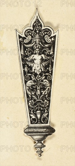 Ornamental Design for Knife Handle, c. 1588, Theodor de Bry, Flemish, 1538–1598, Flanders, Engraving in black on ivory laid paper, 90 × 22 mm (image/sheet, trimmed within plate mark)