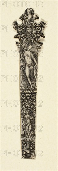 Ornamental Design for Knife Handle with Water, from The Four Elements, c. 1590, After Johann Theodor de Bry, German, 1561-1623, Flanders, Engraving in black on ivory laid paper, 90 × 22 mm (image/sheet, trimmed within plate mark)