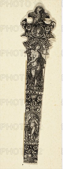 Ornamental Design for Knife Handle with Earth, from The Four Elements, c. 1590, After Johann Theodor de Bry, German, 1561-1623, Flanders, Engraving in black on ivory laid paper, 90 × 22 mm (image/sheet, trimmed within plate mark)