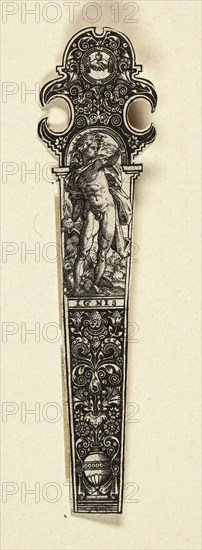 Ornamental Design for Knife Handle with Fire, from The Four Elements, about 1590, Johann Theodor de Bry, German, 1561-1623, Flanders, Engraving in black on ivory laid paper, 90 × 22 mm (image/sheet, trimmed within plate mark)