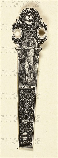 Ornamental Design for Knife Handle with Air, from The Four Elements, about 1590, Johann Theodor de Bry, German, 1561-1623, Flanders, Engraving in black on ivory laid paper, 90 × 22 mm (image/sheet, trimmed within plate mark)