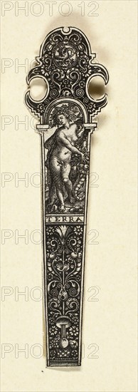 Ornamental Design for Knife Handle with Earth, from The Four Elements, c. 1590, Johann Theodor de Bry, German, 1561-1623, Flanders, Engraving in black on ivory laid paper, 90 × 22 mm (image/sheet, trimmed within plate mark)