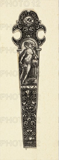 Ornamental Design for Knife Handle with Water, from the Four Elements, c. 1590, Johann Theodor de Bry, German, 1561-1623, Flanders, Engraving in black on ivory laid paper, 90 × 22 mm (image/sheet, trimmed within plate mark)