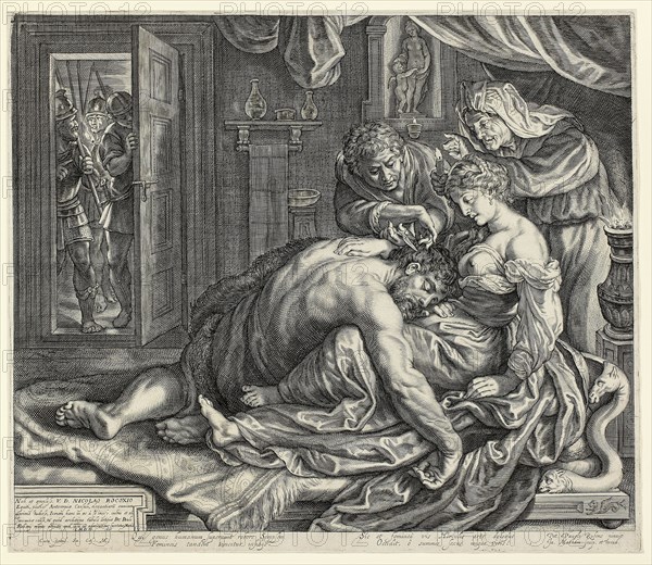 Samson and Delilah, c. 1612, Jacob Matham (Dutch, 1571–1631), after Peter Paul Rubens (Flemish, 1577–1640), Netherlands, Engraving in black on ivory laid paper, 362 x 434 mm (image), 377 x 440 mm (plate), 380 x 444 mm (sheet)