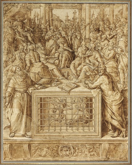 Saint Catherine Disputing with the Philosophers, 1562/63, Livio Agresti, Italian, 1508–1579, Italy, Pen and brown ink, with brush and brown wash, heightened with white gouache, over black chalk, on cream laid paper, pieced, 505 x 395 mm (sight)
