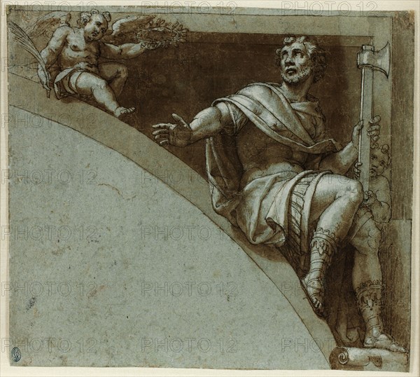 Design for a Spandrel: A Roman Martyr and Two Putti–Saint Jude the Apostle, 1573/75, Livio Agresti, Italian, 1508–1579, Italy, Pen and brown ink, with brush and brown wash, heightened with lead white gouache, on blue laid paper, 238 x 270 mm (sight)