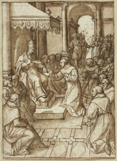 Approval of the Rules of the Franciscan Order by Pope Innocent III in 1209, n.d., Livio Agresti, Italian, 1508–1579, Italy, Pen and brown ink, with brush and brown wash, heightened with lead white gouache, over incising and black chalk, on cream laid paper, 288 x 203 mm (sight)