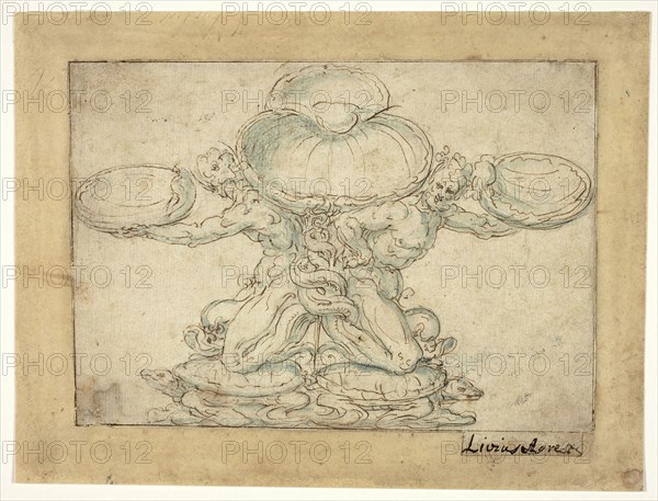 Design for a Salt Cellar or a Table Fountain, n.d., Livio Agresti, Italian, 1508–1579, Italy, Pen and brown ink, with brush and blue wash, over traces of black chalk, on cream laid paper, perimeter mounted to buff wove paper, prepared with a brown wash, 136 x 180 mm (primary support), 163 x 220 mm (secondary support)