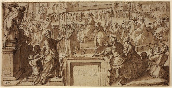 Saint Charles Borromeo Entering the Town of Pavia: Design for a Wall Decoration, c. 1604, Cesare Nebbia, Italian, 1536–1614, Italy, Pen and brown ink, with brush and brown wash, over traces of graphite, on cream laid paper, laid down on buff card, 153 x 310 mm (primary support), 157 x 313 mm (secondary support)