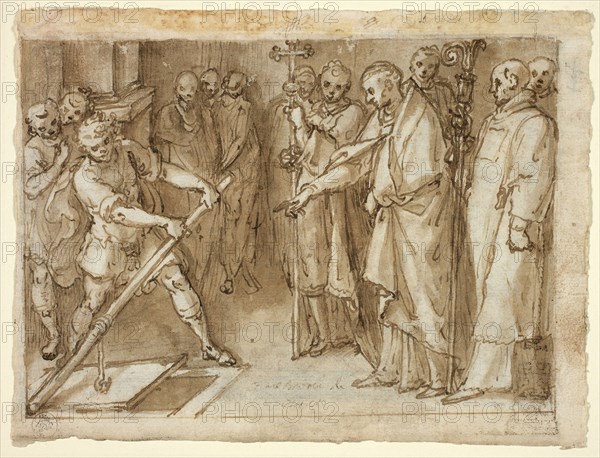 Saint Charles Borromeo Supervising the Opening of a Crypt, c. 1604, Cesare Nebbia, Italian, 1536–1614, Italy, Pen and brown ink, with brush and brown wash, over graphite, on cream laid paper, 162 x 213 mm