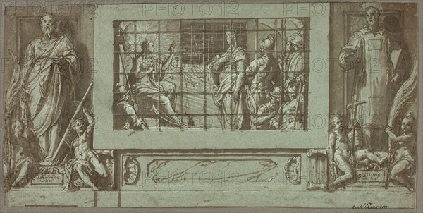 Saint Catherine in Prison Converting the Empress Faustina to Christianity, Flanked by Saints Saturnius and Simon, 1570/71, Federico Zuccaro, Italian, 1540/41–1609, Italy, Pen and brown ink, with brush and brown wash, heightened with lead white gouache, on blue laid paper, 196 x 395 mm (sight)