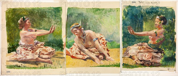Siva Dance: Triptych of Seated Single Figures, 1890/91, John La Farge, American, 1835-1910, United States, Watercolor and opaque watercolor, with pastel, on cream wove paper (left), watercolor and opaque watercolor on cream wove paper (center), watercolor and opaque watercolor, with touches of pastel, on cream wove paper (right), mounted overall to pulp board, 359 x 315 mm (left), 352 x 264 mm (center), 344 x 265 mm (right)