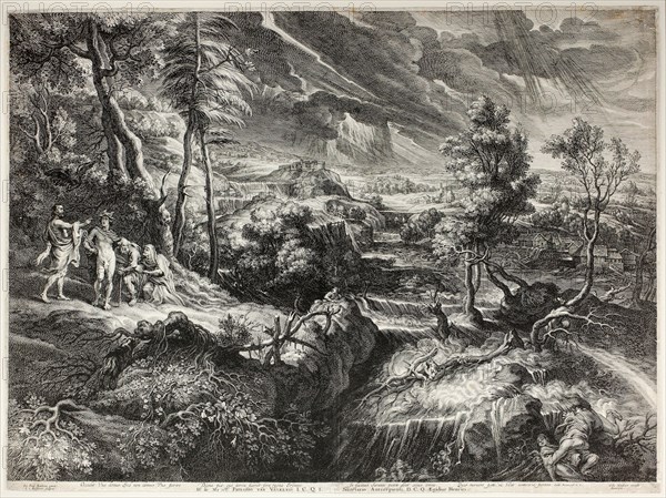 Landscape with Philemon and Baucis, from Large Landscapes, n.d., Schelte Adamsz. Bolswert (Dutch, active in Flanders, c. 1586–1659), after Peter Paul Rubens (Flemish, 1577-1640), published by Gillis Hendricx (Flemish, active c. 1642-1677), Netherlands, Engraving in black on cream laid paper, 468 x 640 mm (image), 482 x 646 mm (sheet, trimmed within platemark)