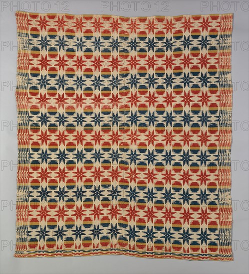 Coverlet, 1820/40, United States, Probably Pennsylvania, Pennsylvania, Cotton and wool, plain weave with plain interlacings of secondary binding warps and patterning wefts (star work, tied Beiderwand), two loom widths joined, 198.1 x 177.5 cm (78 x 69 7/8 in.)