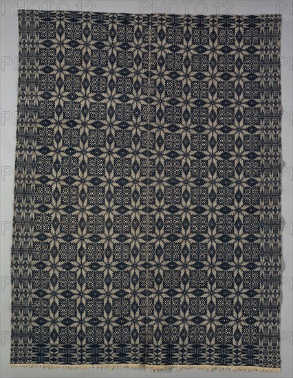 Coverlet, 1820/40, United States, Probably Pennsylvania, Pennsylvania, Cotton and wool, plain weave with supplementary wefts in composite point twill weave (star, work, multiple shaft), two loom widths joined, 245.4 x 182.6 cm (96 5/8 x 71 7/8 in.)
