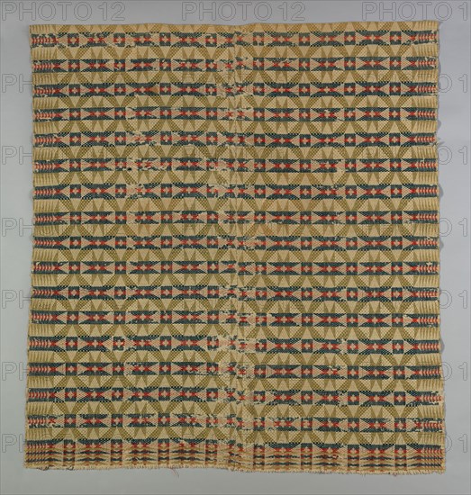 Coverlet, 1820/40, United States, Probably Pennsylvania, Pennsylvania, Cotton and wool, plain weave with supplementary wefts in composite point twill weave (star, work, multiple shaft), two loom widths joined, 201.6 x 186 cm (79 3/8 x 73 1/4 in.)