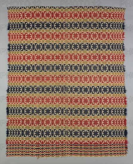 Coverlet, 1820/40, United States, Probably Pennsylvania, Pennsylvania, Cotton and wool, plain weave with supplementary wefts in composite point twill weave (star work, multiple shaft), two loom widths joined, edged with extended supplementary weft fringe, 224.2 x 179.8 cm (88 1/4 x 70 3/4 in.)